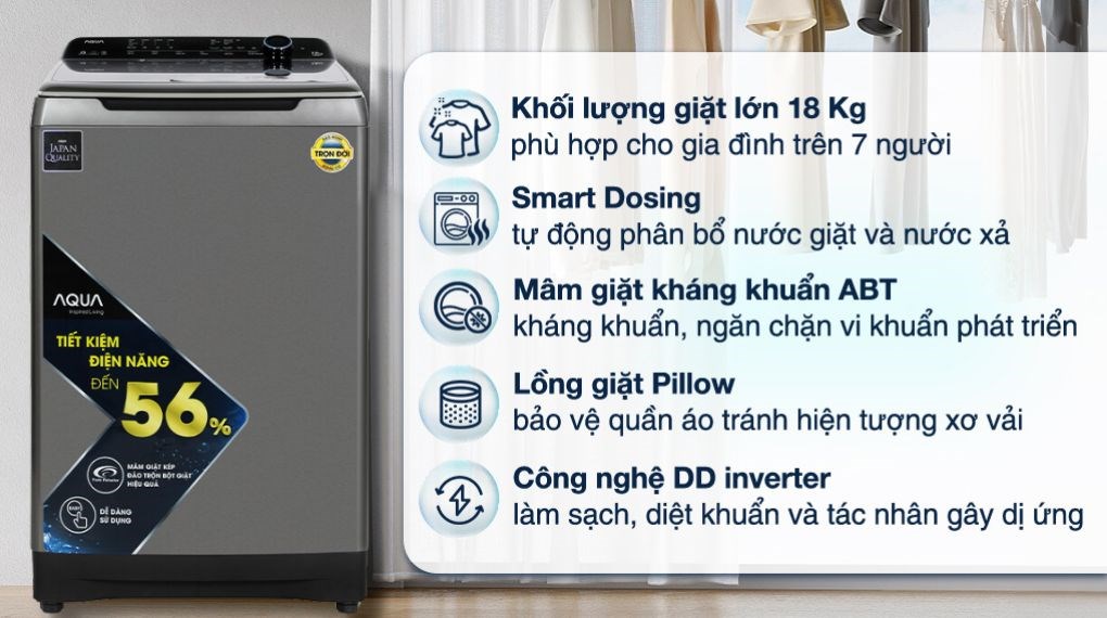 Máy giặt Aqua Lồng đứng Inverter 18 kg AQW-DR180UHT PS